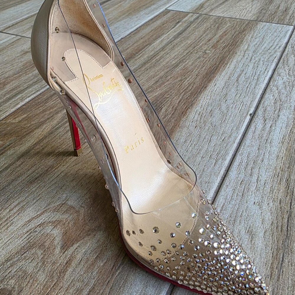Christian Louboutin Degrastrass Nude & PVC Embellished Crystal Shoe Eur.37 - Picture 13 of 16